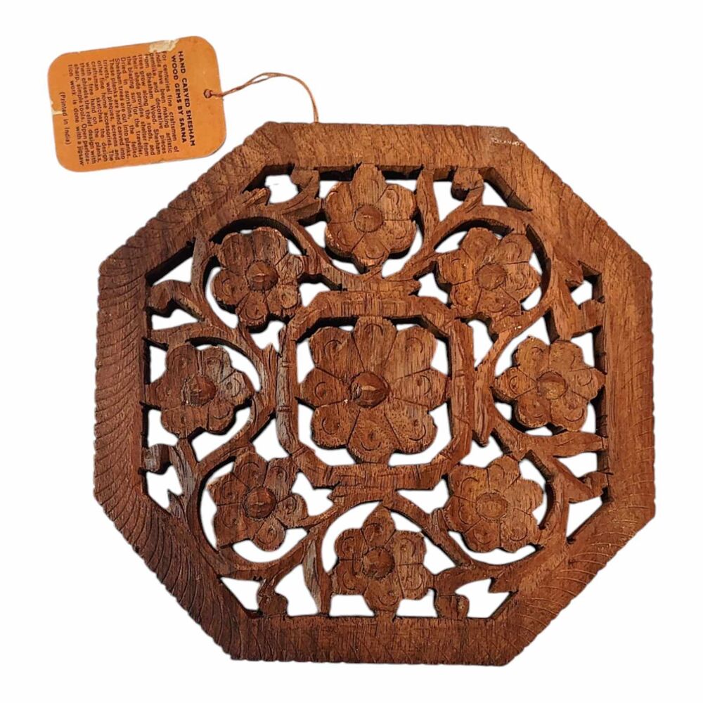 Vintage Hand Carved Shesham Wood Gems By Sarna Trivet Hot Plate India 1955